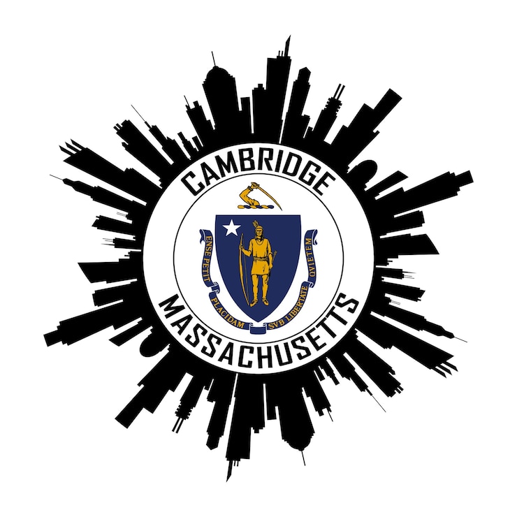 Vector la bandera de cambridge, el horizonte de massachusetts, el paisaje urbano, la silueta, los recuerdos de viaje, las pegatinas, el vector aislado.