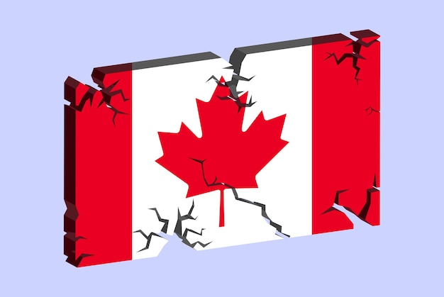 Bandera de Canadá en el patrón de fractura de vector de pared agrietada 3D con concepto de problemas de textura agrietada