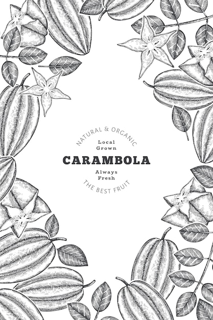 Bandera de carambola estilo boceto dibujado a mano. Ilustración de fruta fresca orgánica. Plantilla de fruta retro