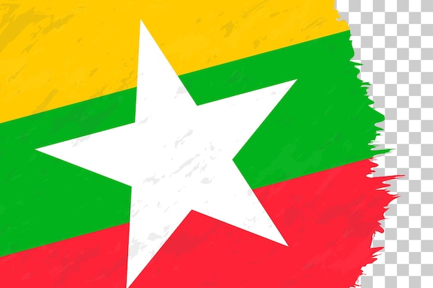Bandera cepillada grunge abstracta horizontal de Myanmar en rejilla transparente