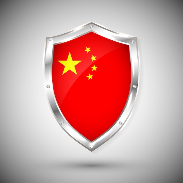 Bandera de China en metal escudo brillante. Colección de banderas en escudo contra el fondo blanco. Objeto aislado abstracto.