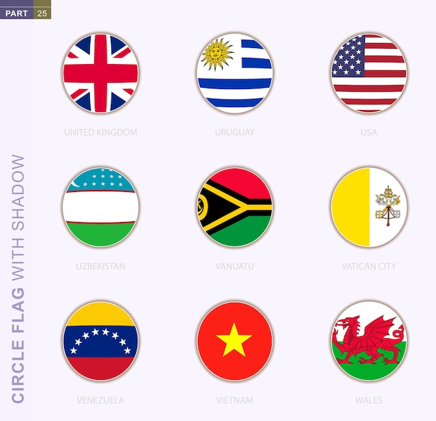 Bandera de círculo con sombra, colección de nueve banderas redondas. banderas vectoriales de 9 países: reino unido, uruguay, estados unidos, uzbekistán, vanuatu, ciudad del vaticano, venezuela, vietnam, gales