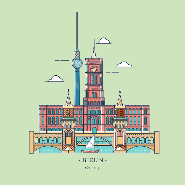 Bandera de la ciudad de Berlín en línea de estilo de moda. Icono de Berlín de viaje. Atracciones turísticas en la capital de Alemania