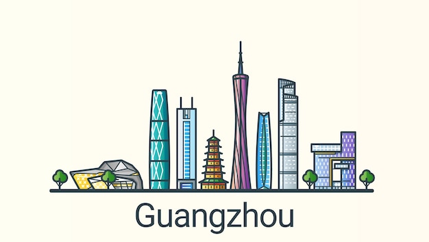Bandera de la ciudad de Guangzhou en estilo moderno de línea plana. Todos los edificios separados y personalizables. Arte lineal.