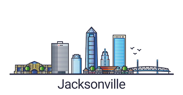 Bandera de la ciudad de jacksonville en estilo moderno de línea plana. arte lineal de la ciudad de jacksonville. todos los edificios separados y personalizables.