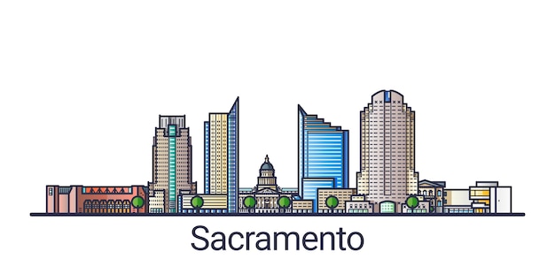 Vector bandera de la ciudad de sacramento en estilo moderno de línea plana. arte lineal de la ciudad de sacramento. todos los edificios separados y personalizables.