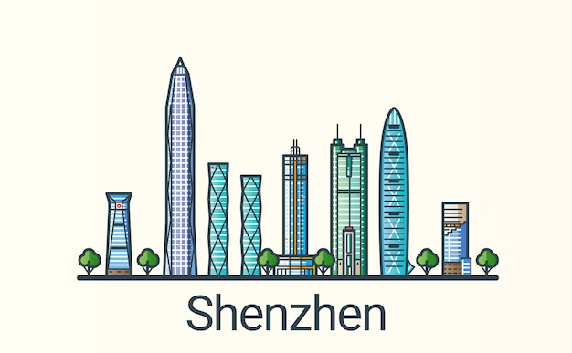 Bandera de la ciudad de Shenzhen en estilo moderno de línea plana. Todos los edificios separados y personalizables. Arte lineal.