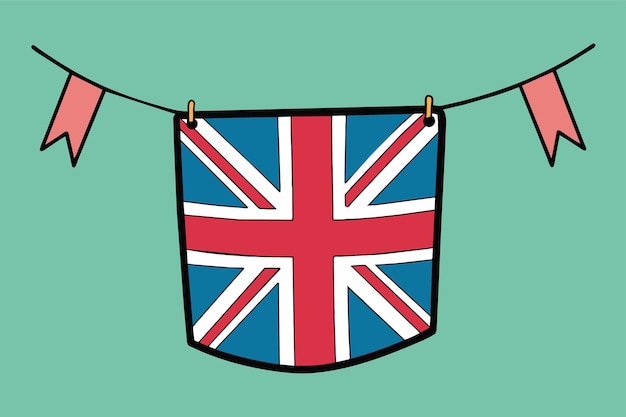 Vector una bandera colgada en una cuerda de ropa con la bandera británica colgada en ella