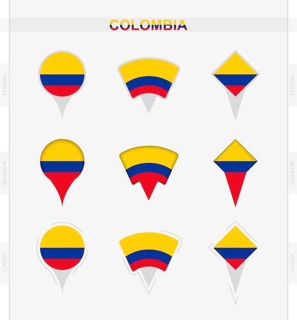 Bandera de Colombia conjunto de iconos de pin de ubicación de la bandera de Colombia