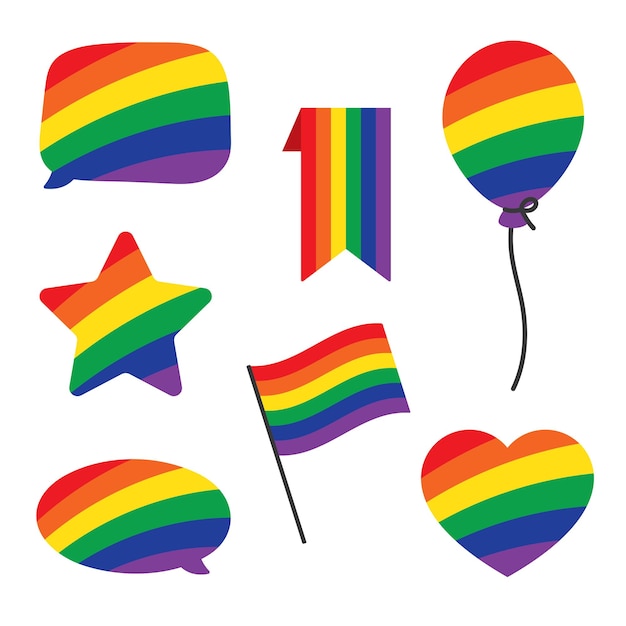 Bandera de colores del arco iris, globo de burbuja de discurso de corazón y iconos de estrellas, concepto LGBTQI