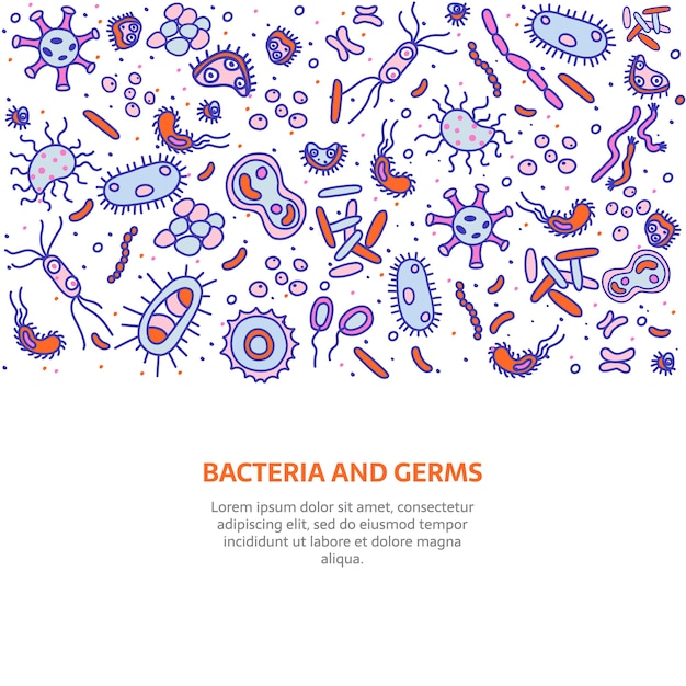 Bandera colorida de bacterias, virus y gérmenes. colección de diversos microorganismos, hongos, protozoos.