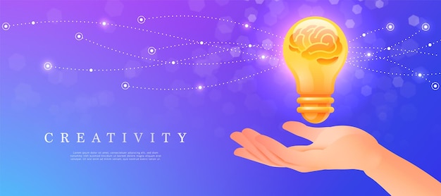 Vector bandera del concepto de creatividad con la mano que sostiene el cerebro brillante dentro de la bombilla