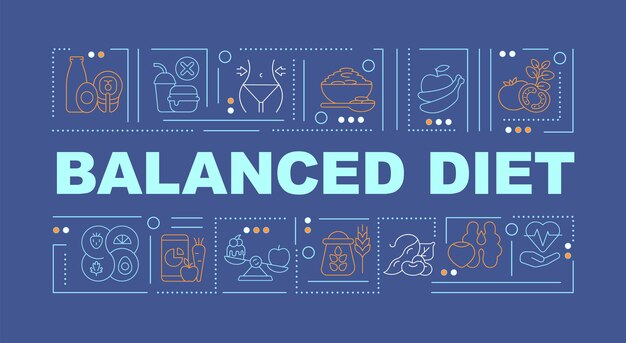 Bandera de conceptos de palabra azul de dieta equilibrada. Productos ricos en nutrientes. Infografía con iconos lineales sobre fondo azul. Tipografía creativa aislada. Ilustración de color de contorno vectorial con texto