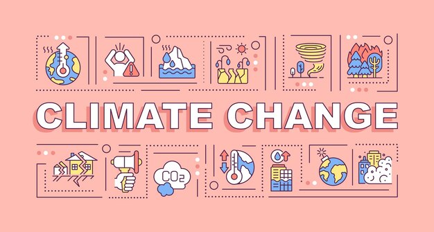 Bandera de conceptos de palabra de cambio climático. Desastres ambientales. Infografía con iconos lineales sobre fondo rosa. Tipografía creativa aislada. Ilustración de color de contorno vectorial con texto