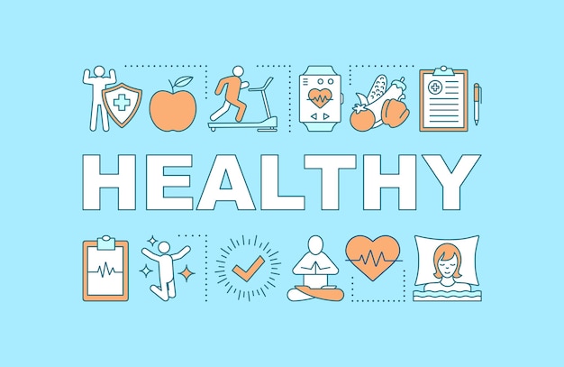 Bandera de conceptos de palabra de estilo de vida saludable. Deportes, nutrición saludable. Presentación, sitio web. Idea de tipografía de letras aisladas con iconos lineales. Ilustración de contorno vectorial