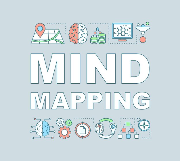 Bandera de conceptos de palabra de mapas mentales. Capacidad de análisis. Pensamiento crítico. Big data. Idea de tipografía de letras aisladas con iconos lineales. Analítica de datos. Ilustración de contorno vectorial