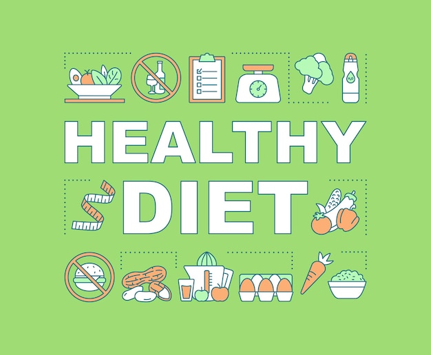 Bandera de conceptos de palabra de nutrición saludable. Dieta. Presentación, sitio web. Idea de tipografía de letras aisladas con iconos lineales. Ilustración de contorno vectorial