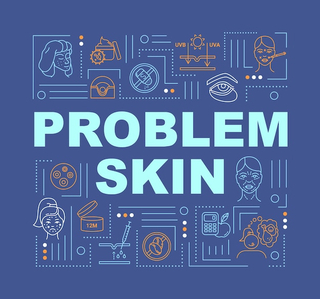 Bandera de conceptos de palabra de piel de problema. Cosmetología y dermatología. Corrección de belleza. Infografía con iconos lineales sobre fondo azul. Tipografía aislada. Ilustración de color RGB de contorno vectorial