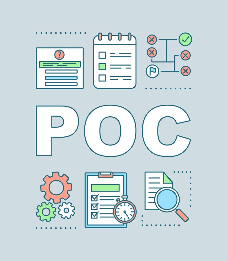 Vector bandera de conceptos de palabra poc. prueba de concepto. investigación de productos. pruebas de ventas. estudio de demanda. presentación, sitio web. idea de tipografía de letras aisladas con iconos lineales. ilustración de contorno vectorial