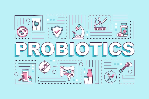 Bandera de conceptos de palabra de probióticos. complemento vitamínico para una dieta saludable. infografía con iconos lineales sobre fondo turquesa. tipografía aislada. ilustración de color rgb de contorno vectorial
