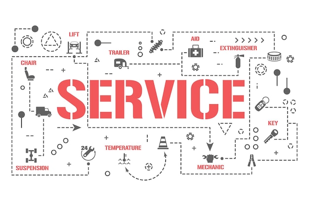 Bandera de conceptos de palabra de servicio. Coche de diagnóstico técnico informático. Reparación de infografías de automóviles. Presentación, sitio web. Idea UI UX. Tipografía de letras aisladas con iconos de glifos. Ilustración vectorial plana