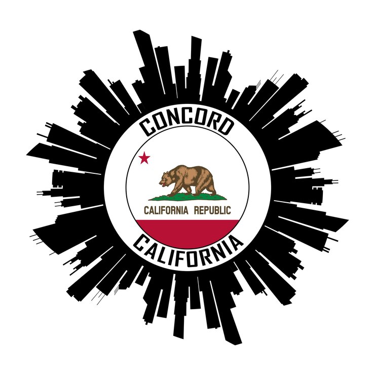 Vector la bandera de concord, california, el horizonte, el paisaje urbano, la silueta, los recuerdos de viaje, las pegatinas, el vector aislado.