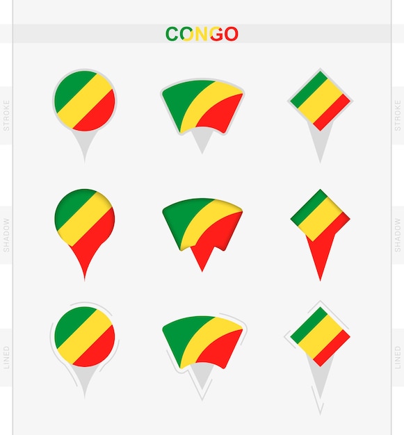 Vector bandera del congo conjunto de iconos de pin de ubicación de la bandera del congo