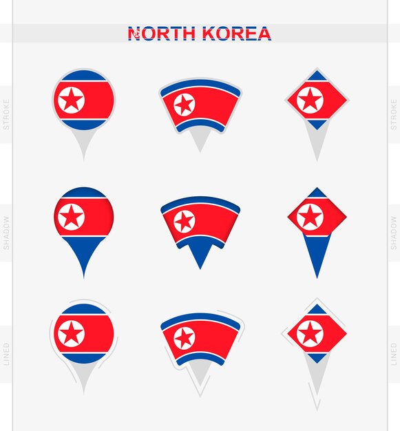 Bandera de Corea del Norte conjunto de iconos de pin de ubicación de la bandera de Corea del Norte