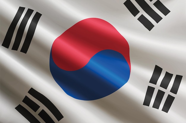 La bandera de Corea del Sur ondeando en el viento con una textura de seda detallada