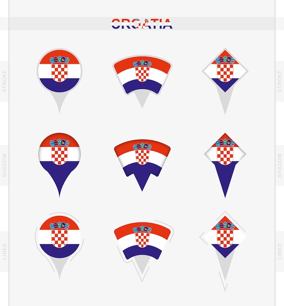 Bandera de Croacia conjunto de iconos de pin de ubicación de la bandera de Croacia