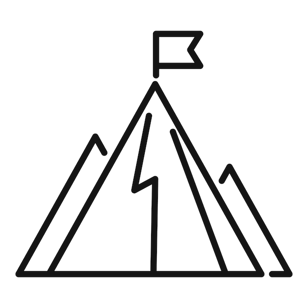 Bandera de desafío en el vector de contorno del icono de montaña Objetivo de ascenso de carrera superior
