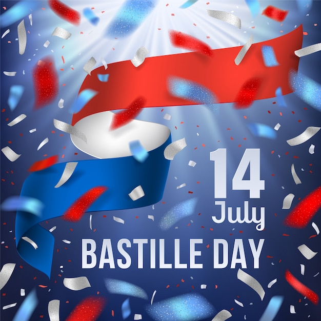 Bandera del día de la Bastilla con la bandera nacional de Francia y confeti