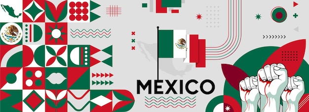 Bandera del día de la independencia de méxico para la celebración del país bandera y mapa de méxico puños levantados