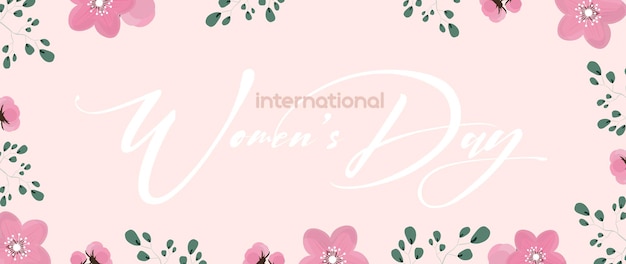 Bandera del día internacional de la mujer. Bandera rosa con flores sobre el tema del día de la mujer. Banner listo. Vector.