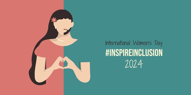 Bandera del Día Internacional de la Mujer de Inspire Inclusion 2024 Persona plegada con las manos con el corazón para el Día Internacional de la Mujer Ilustración minimalista con el eslogan de InspireInclusion y la niña se identifica como él ella ellos