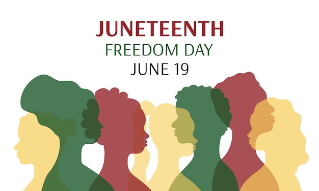 Bandera del día de la libertad del 19 de junio Siluetas de personas afroamericanas en perfil Hombres y mujeres africanos Vacaciones del 19 de junio Ilustración de póster vectorial