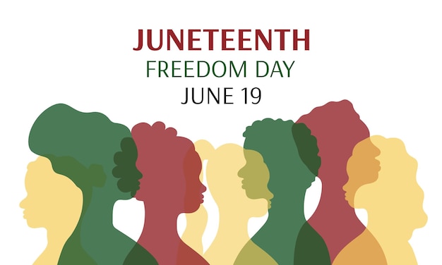 Bandera del día de la libertad del 19 de junio siluetas de personas afroamericanas en perfil hombres y mujeres africanos vacaciones del 19 de junio ilustración de póster vectorial