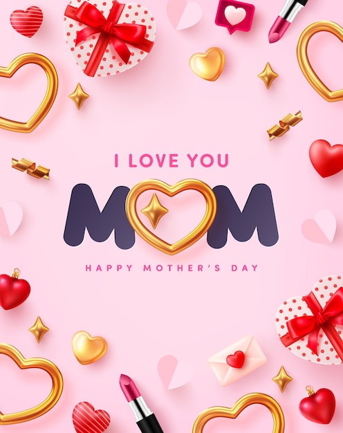 Vector bandera del día de la madre con la palabra mom y el corazón dorado y el amor
