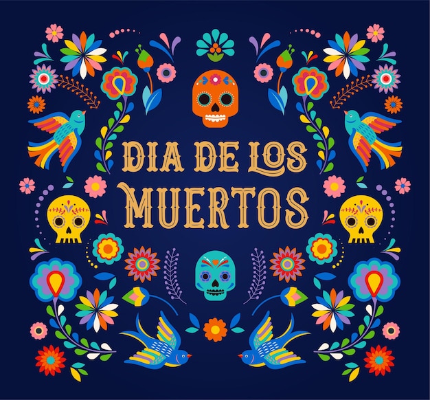 Bandera del día de los muertos dia de los moertos con coloridas flores mexicanas fiesta cartel navideño fiesta