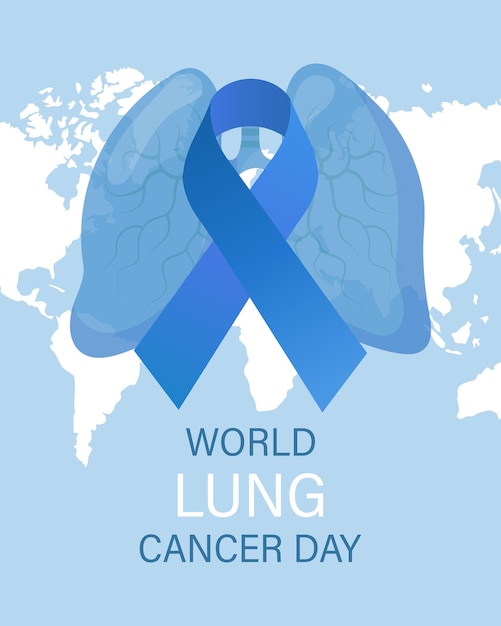 Bandera del día mundial del cáncer de pulmón Pulmones humanos y cinta azul de conciencia El concepto de medicina