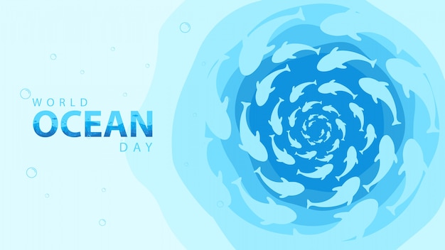 Bandera del día mundial del océano con fondo de peces