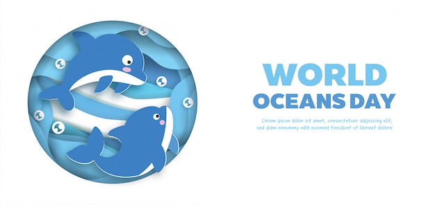Vector bandera del día mundial de los océanos con lindo delfín en estilo de corte de papel.