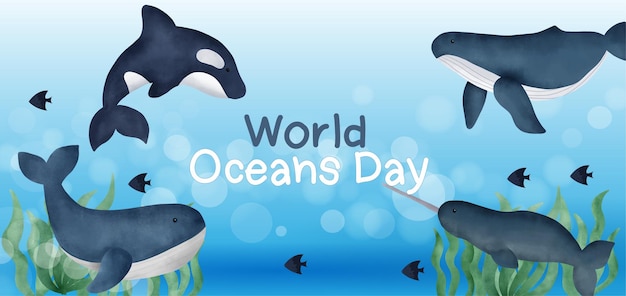 Vector bandera del día mundial de los océanos con lindos delfines en estilo acuarela.