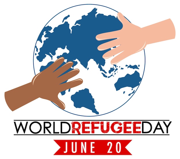 Bandera del día mundial de los refugiados con las manos en el signo del mundo