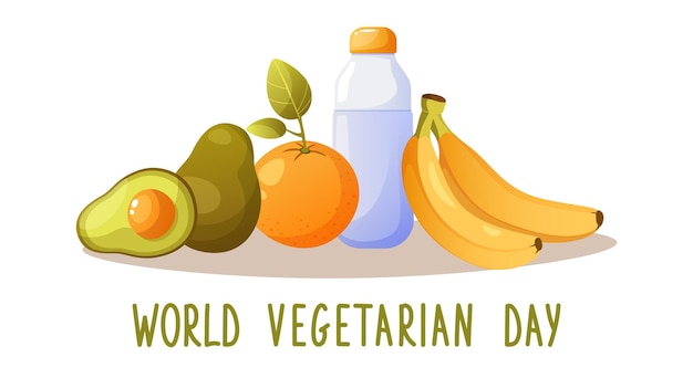 Bandera del Día Mundial del Vegetariano con frutas verduras aguacate botella de agua naranja y plátano Alimentación saludable y estilo de vida saludable Alimentación fresca día vegano Cartel de ilustración vectorial