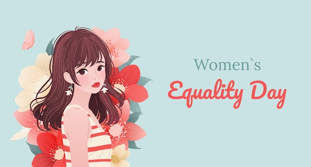 Bandera del Día Nacional de la Igualdad de la Mujer Con fondo horizontal con mujer joven y flores de verano