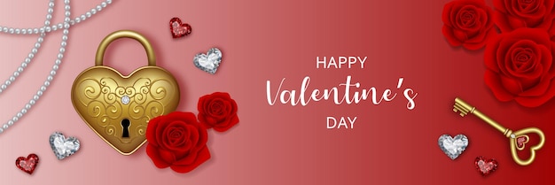 Bandera del día de San Valentín con candado de amor, diamantes, perlas y rosas rojas.