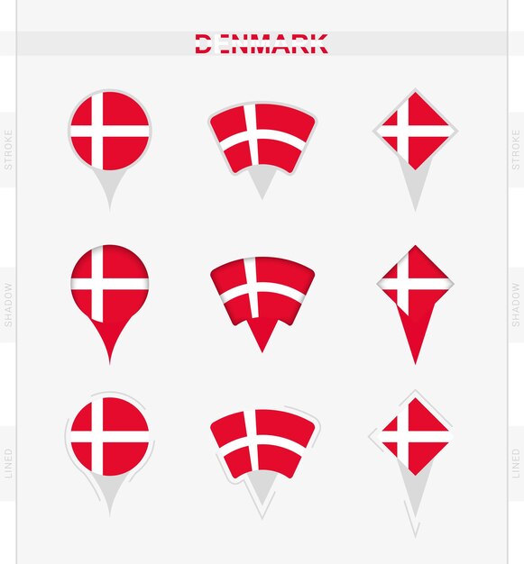 Bandera de Dinamarca conjunto de iconos de pin de ubicación de la bandera de Dinamarca