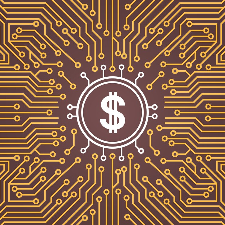Vector bandera de dolar sobre el concepto de sistema de centro de datos de red de fondo de datos de moterboard chip de computadora