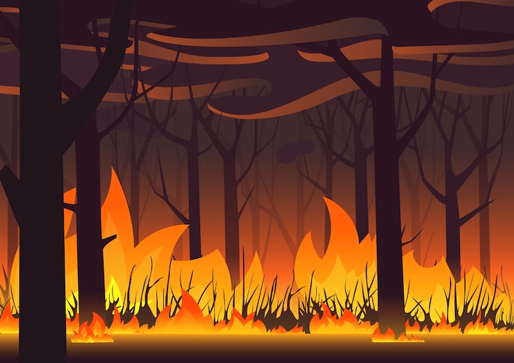 Vector bandera ecológica del bosque. incendio en el bosque. paisaje de incendios forestales